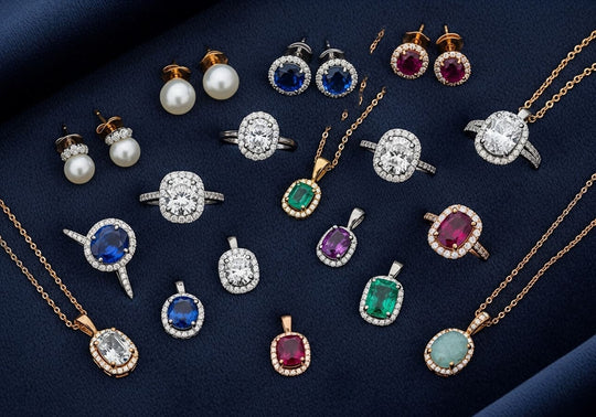 A variety of jewelry styles showcasing different personality types laid on velvet.