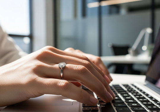 Close-up of bezel-set diamond ring on working woman’s hand in modern Dubai office
