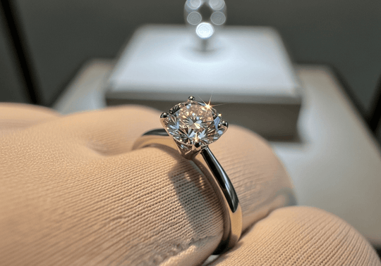 Close-up of lab-grown diamond ring held by gloved hand in elegant studio lighting