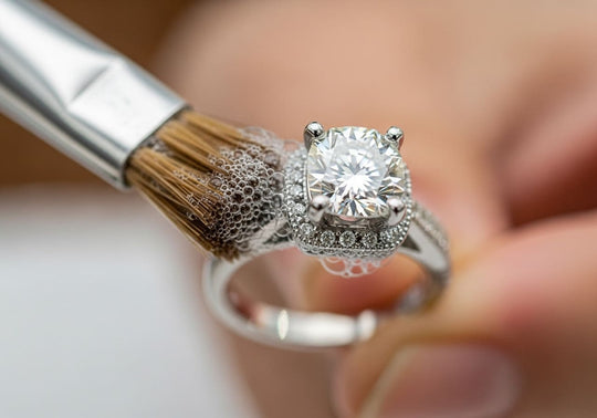 Diamond ring cleaning with soft brush and mild soap under light