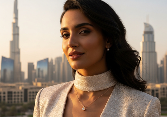 Elegant woman in Dubai wearing minimalist diamond pendant with city skyline in background