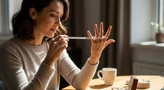 Elegant woman measuring her diamond ring size at home in Dubai with paper strip and luxury jewelry around.