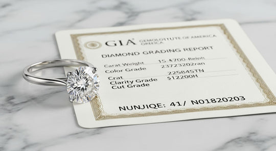 Certified diamond ring with original GIA certificate on white marble background in Dubai.