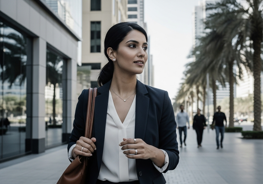 Professional woman wearing diamond studs, pendant and ring in Dubai cityscape