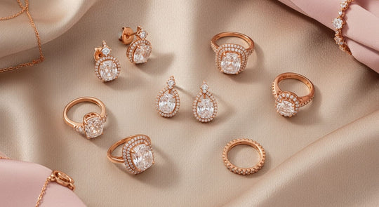 Rose gold diamond rings, earrings, and bracelets displayed elegantly on beige silk with soft lighting.